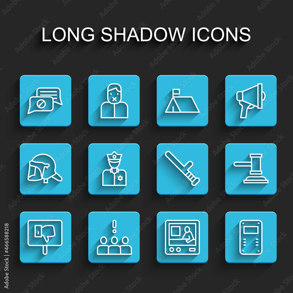 Set line Protest, Crowd protest, Speech bubble chat, Television report, Police assault shield, officer, Judge gavel and rubber baton icon. Vector Set line Protest, Crowd protest, Speech bubble chat, Television report, Police assault shield, officer, Judge gavel and rubber baton icon. Vector