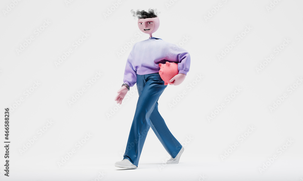Awesome Travor walks with a piggy bank under his arm. Highly detailed fashionable stylish abstract character isolated on white background. Left view. 3d rendering. Awesome Travor walks with a piggy bank under his arm. Highly detailed fashionable stylish abstract character isolated on white background. Left view. 3d rendering.