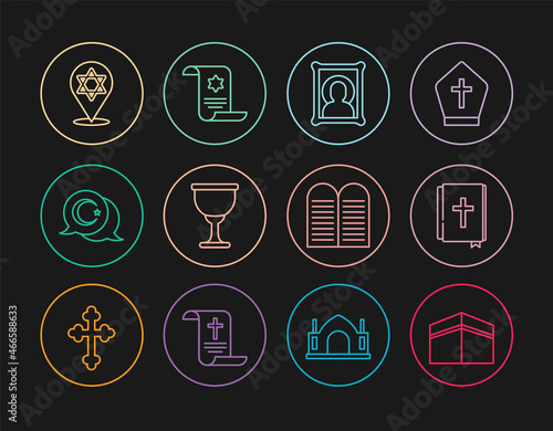 Set line Kaaba mosque, Holy bible book, Christian icon, grail or chalice, Star and crescent, of David, The commandments and Torah scroll icon. Vector