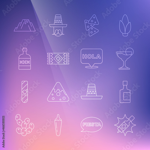 Set line Tabasco sauce, Tequila bottle, Margarita cocktail, Nachos, Mexican carpet, Volcano eruption with lava and Hola icon. Vector