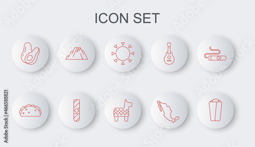 Set line Burrito, Taco with tortilla, Sun, Map of mexican, Avocado fruit, Volcano eruption lava, Cigar and Pinata icon. Vector