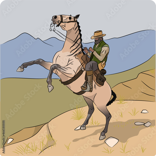 wild old west buttermilk horse and cowboy with mountains and blue sky background