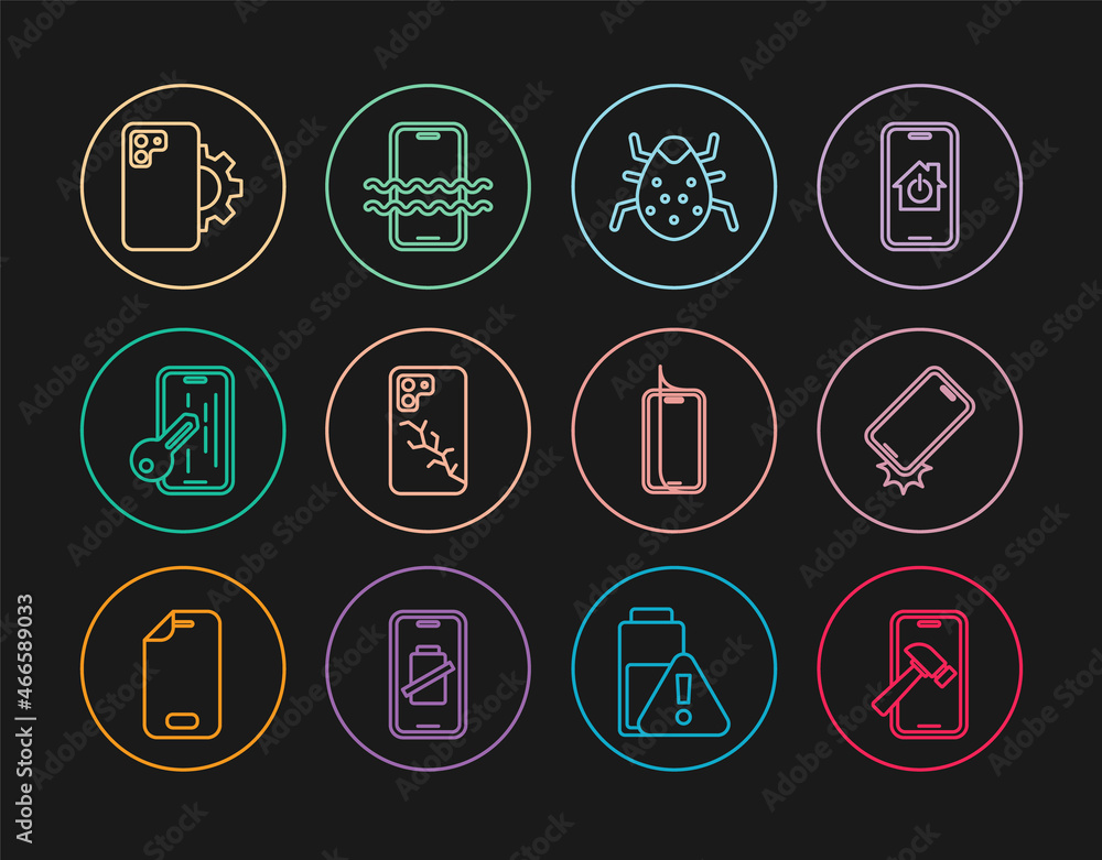 Set line Mobile with broken screen, Shockproof phone, System bug, Glass protector, Phone repair service, and Waterproof icon. Vector Set line Mobile with broken screen, Shockproof phone, System bug, Glass protector, Phone repair service, and Waterproof icon. Vector