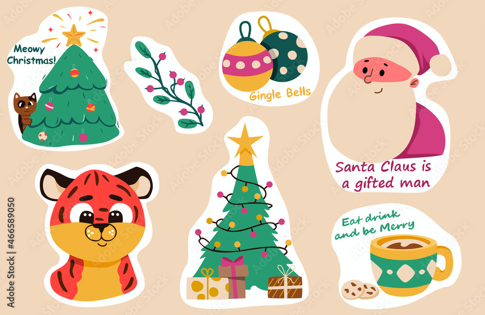 Cute set of New Year and Christmas stickers with festive tree, santa and tiger and lettering. Set of holiday symbols. Stock vector illustration. 2022