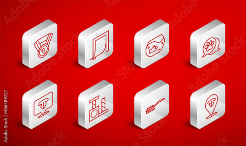 Set line Cat nose, Door for pet, Aquarium with fish, Paw print, Hair brush dog and cat, Dog award symbol, scratching post and icon. Vector