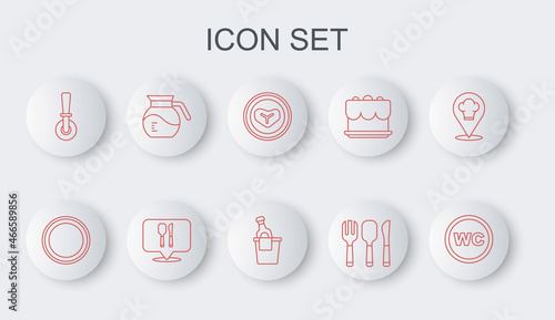 Set line Toilet, Plate, Steak meat on plate, Fork, spoon and knife, Pizza, Coffee pot, Cafe restaurant location and Champagne in ice bucket icon. Vector