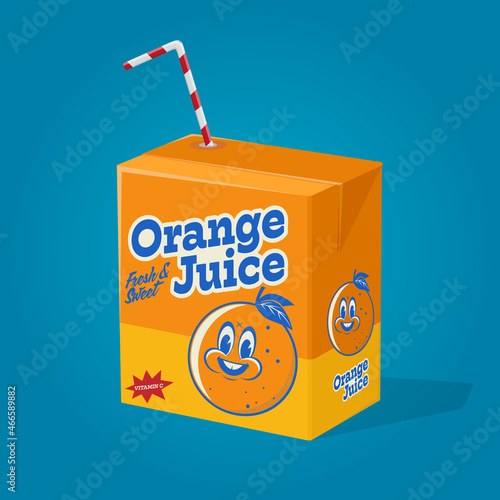 funny cartoon illustration of orange juice in cardboard beverage package