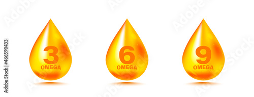 Gold drops Omega Three, Six And Nine. Polyunsaturated fatty Omega-3, Omega-6, Omega-9. Natural Fish, organic vitamin, Nutrient. Omega Fatty Acid, EPA, DHA. Vitamin drop pill capsule for eco bio themes