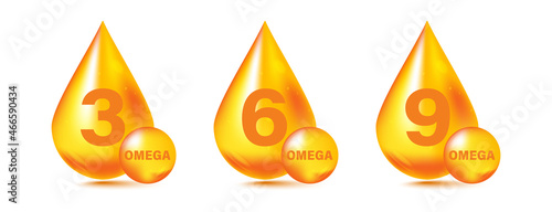 Gold drops Omega Three, Six And Nine. Polyunsaturated fatty Omega-3, Omega-6, Omega-9. Natural Fish, organic vitamin, Nutrient. Omega Fatty Acid, EPA, DHA. Vitamin drop pill capsule for eco bio themes