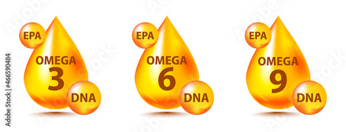 Gold drops Omega Three, Six And Nine. Polyunsaturated fatty Omega-3, Omega-6, Omega-9. Natural Fish, organic vitamin, Nutrient. Omega Fatty Acid, EPA, DHA. Vitamin drop pill capsule for eco bio themes