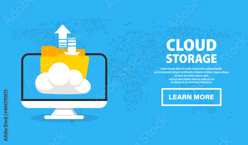 Laptop with cloud storage. Exchange of information. Cloud data storage uploading file on server. Cloud computing technology. Hosting, network management, data synchronization, database, remote access