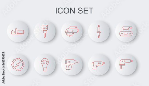Set line Electric jigsaw, Circular blade, circular, cordless screwdriver, Chainsaw, Construction jackhammer, Angle grinder and icon. Vector