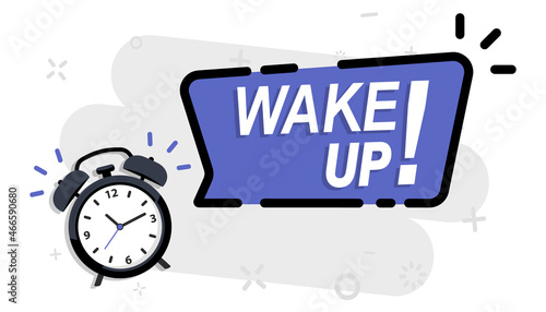 Alarm Clock with wake up inscription. Wake up time. Alarm Clock, bell. Loud signal to wake up in the morning from bed. Getting up in the morning or waking up. Mechanical signaling device, clock, timer