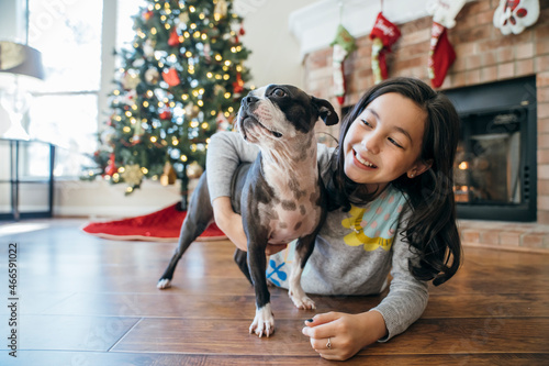 Happy girl playing with her french bulldog puppy in front of Christmas tree on the living room floor