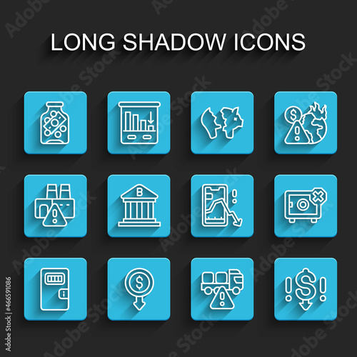 Set line Prison cell door, Dollar rate decrease, Glass money jar with coin, Stop delivery cargo truck, Bank building, Safe and Mobile stock trading icon. Vector