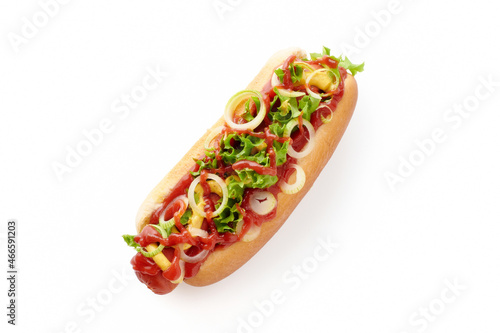 Fresh made Hot dog with ketchup, mustard and salad