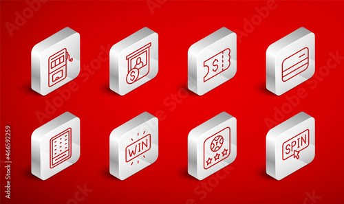 Set line Slot machine spin button, Casino chips exchange, Lottery ticket, Credit card, Online poker table game, win and icon. Vector