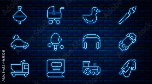 Set line Toy horse, Skateboard, Rubber duck, Racket, Radio controlled car toy, Whirligig, Headphones and Baby stroller icon. Vector