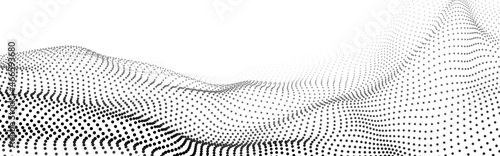 Wave of flowing particles on a white background. Abstract backdrop with dynamic elements of waves and dots. Vector