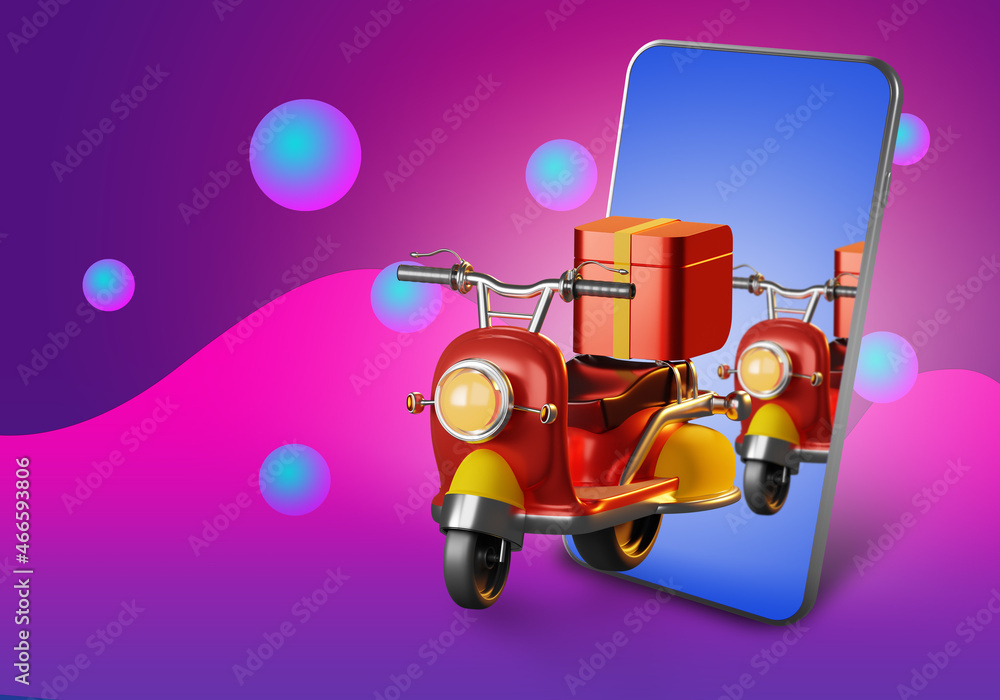 scooter drives out of smartphone. Red scooter on purple background