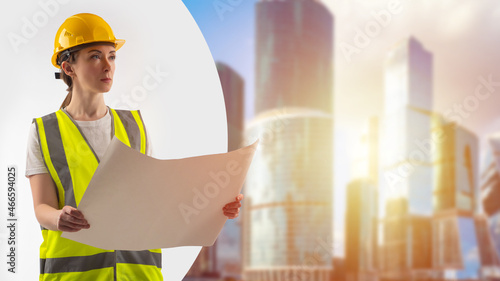 Builder with placards in ha...