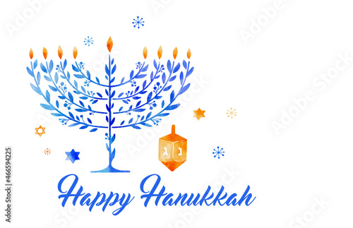 Happy Hanukkah, vector watercolor illustration, banner design. Traditional jewish holiday greeting card with menorah and dreidels