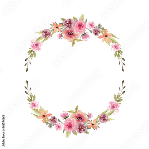 round frame with delicate multicolored watercolor flowers, hand painted