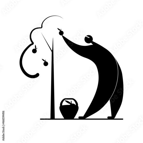 Vector stylized man harvesting apples, gardener icon, autumn-summer garden work, gardening