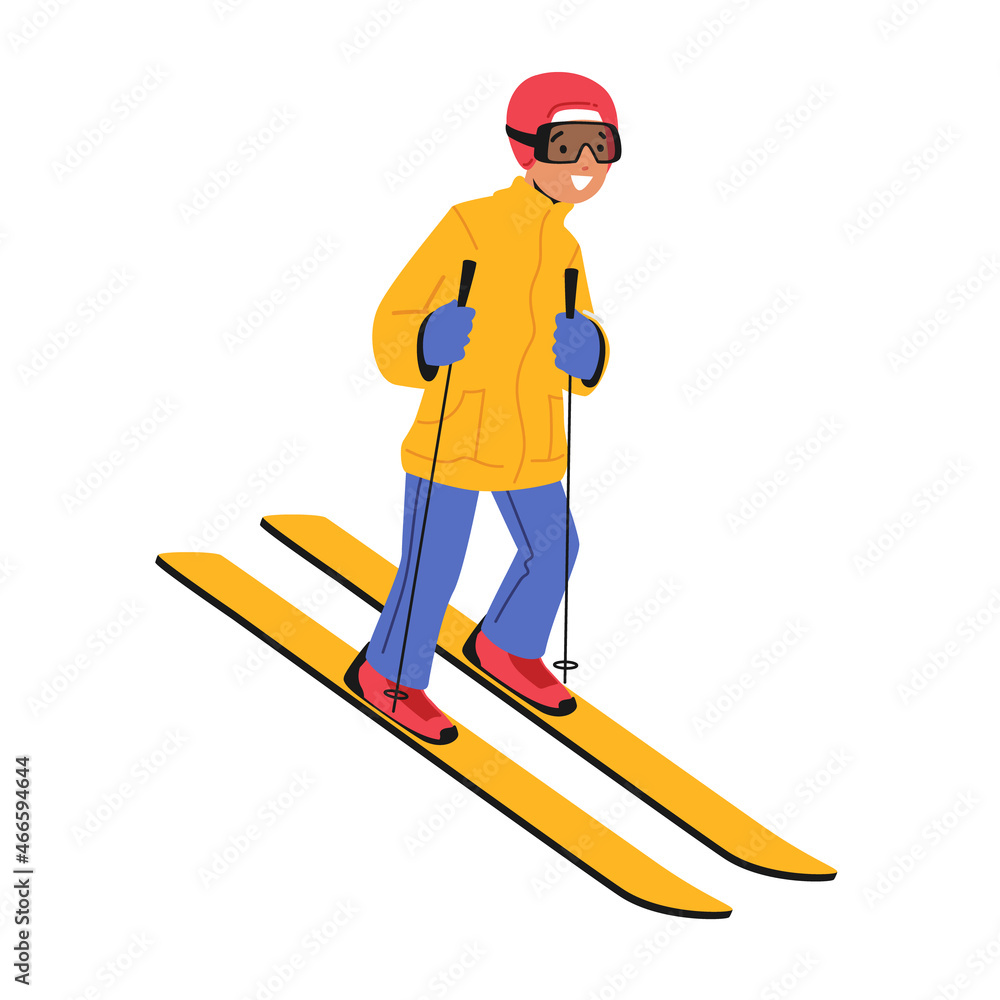 Little Boy Skiing Outdoors Leisure, Winter Sports Activity Isolated on White Background. Child Going Downhill by Skis