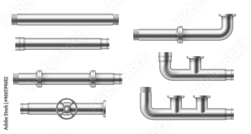 Realistic pipes. Water tube pipelines with valves, joints and connections, plumbing steel elements