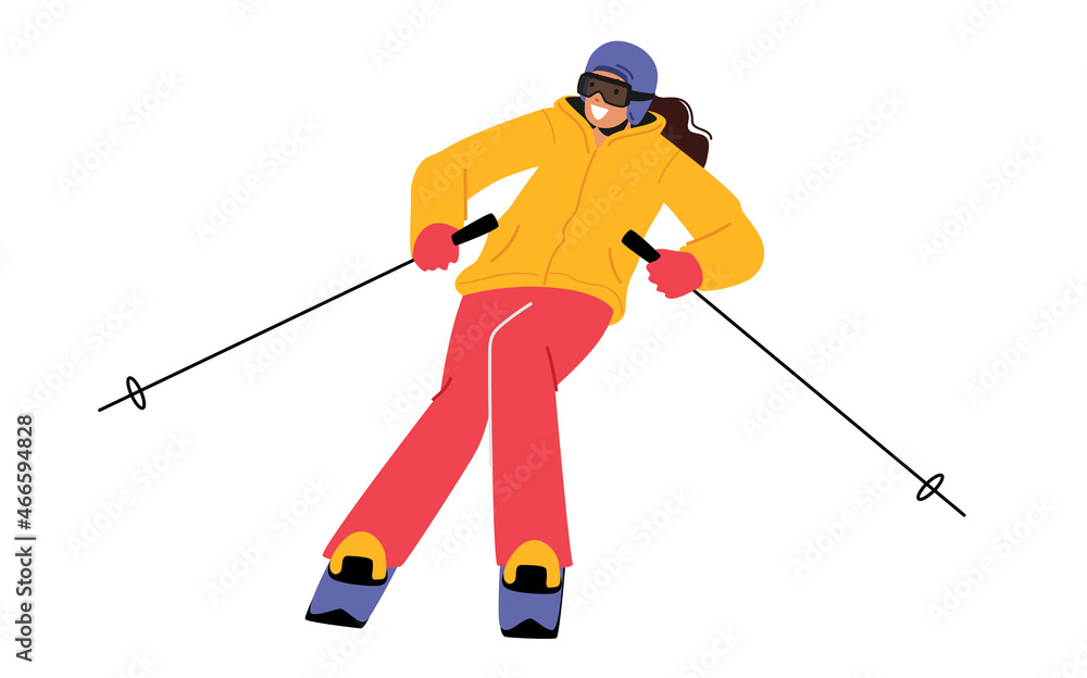 Girl Riding Downhills by Skis Has Wintertime Fun and Leisure Time. Winter Sports Activity and Spare Time, Woman Skiing Girl Riding Downhills by Skis Has Wintertime Fun and Leisure Time. Winter Sports Activity and Spare Time, Woman Skiing