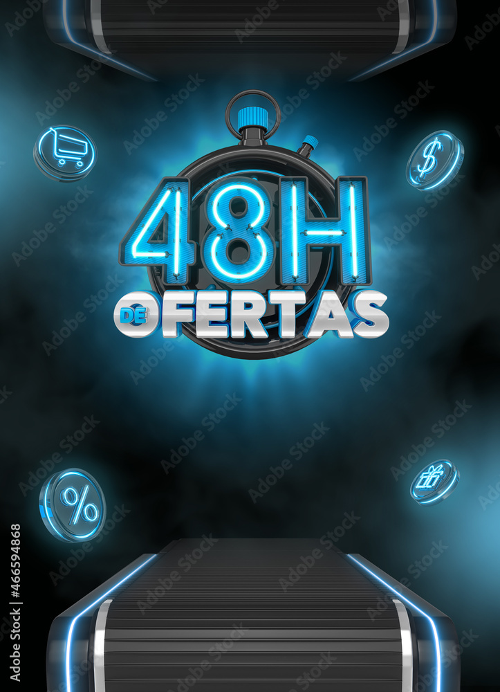 Banner template design for marketing campaign in Brazil with black and blue background. The phrase 48h de ofertas means 48h of offers. 3d render illustration.