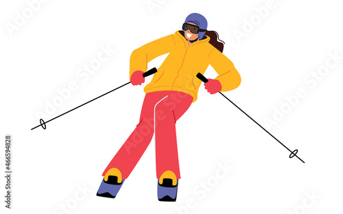 Girl Riding Downhills by Skis Has Wintertime Fun and Leisure Time. Winter Sports Activity and Spare Time, Woman Skiing