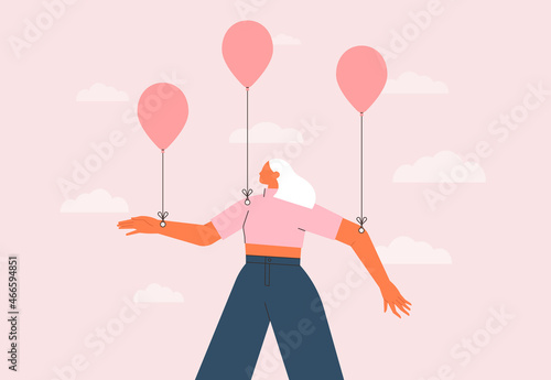 Woman flying with balloons in the sky. Young carefree girl in the air. Concept of freedom, inspiration, mental health, happiness. Isolated flat vector illustration