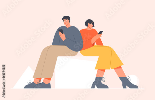 People using smartphones. Young man and woman holding mobile phones and looking at the screen. Business technology, connection, communication concept. Isolated flat vector illustration