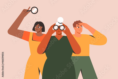 Search, recruitment, business strategy concept. Group of people looking in binoculars, magnifying glass. Exploring opportunity, predicting future, forecasting. Isolated flat vector illustration photo