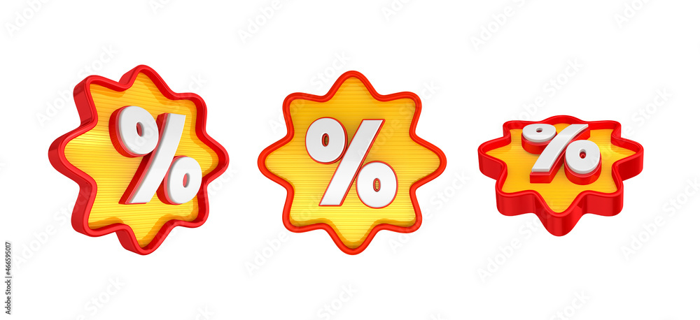 Percent Icons on White Background with Various Positions. In red and yellow. 3d Illustration.