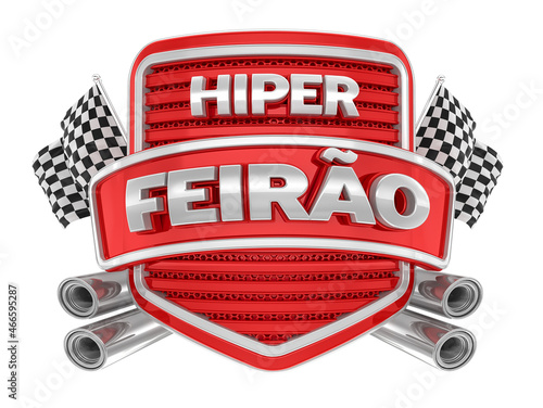 Red label with gray and racing flags for marketing campaign in Brazil. The phrase Hiper Feirão means Hiper Fair. 3d render illustration photo