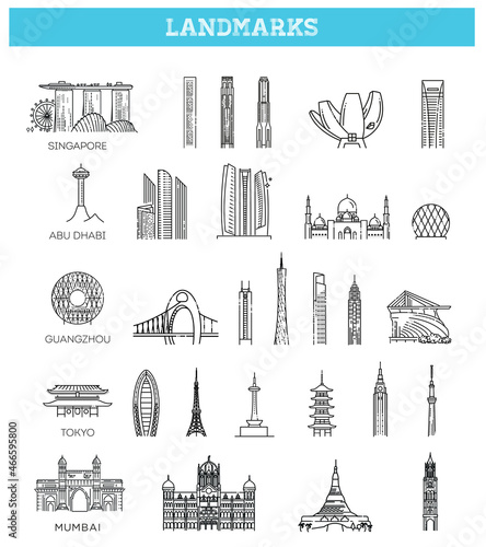 Simple linear Vector icon set representing global tourist asian landmarks and travel destinations for vacations