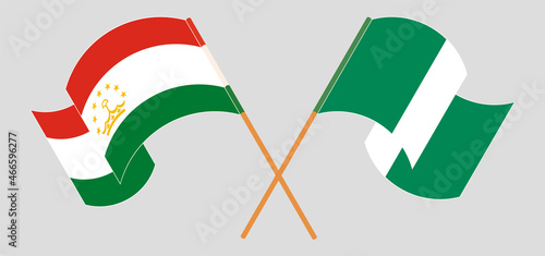 Crossed and waving flags of Tajikistan and Nigeria