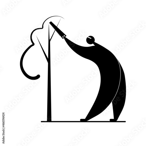 Vector stylized man cuts tree branches with a saw in hand, gardener icon, autumn-summer garden work, gardening