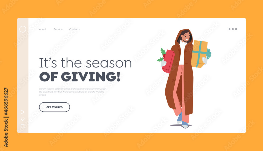 Season of Giving Landing Page Template. Happy Girl with Christmas Giftboxes, Female Character Hold Presents for Holidays