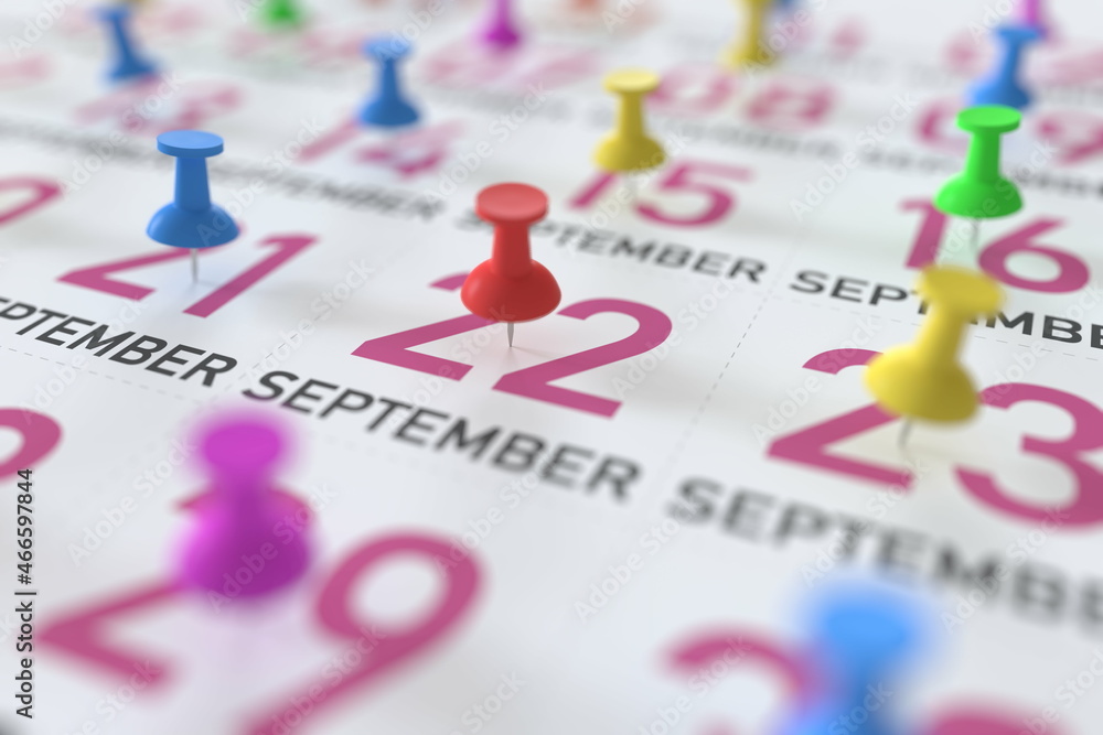September 22 date and push pin on a calendar, 3D rendering September 22 date and push pin on a calendar, 3D rendering