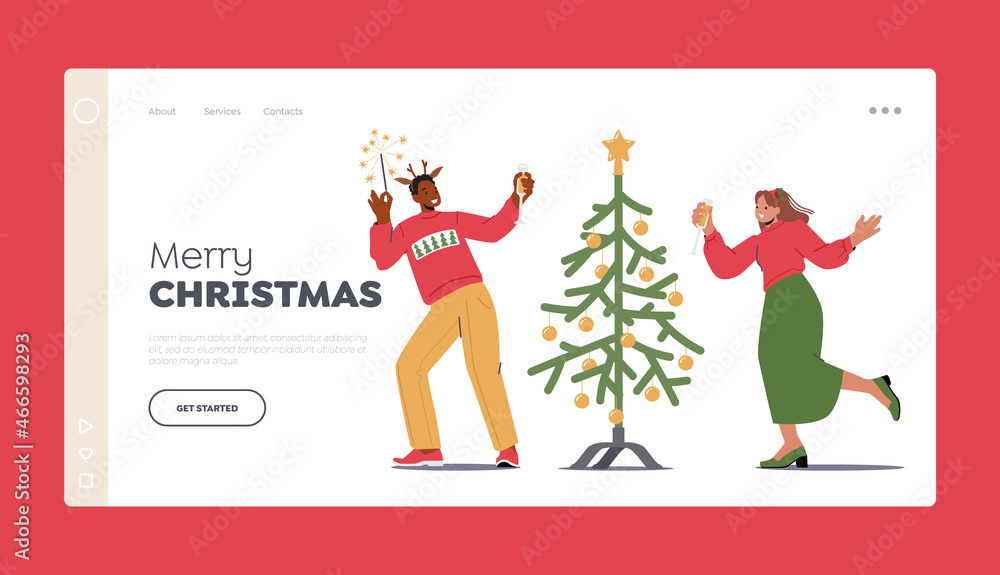 Fototapeta premium Merry Christmas Landing Page Template. Happy Colleagues or Loving Couple Celebrate New Year Party. Positive Man Woman