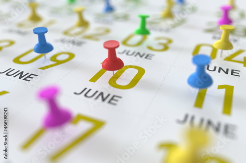 June 10 date and push pin on a calendar, 3D rendering