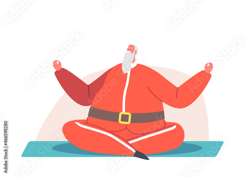 Santa Claus Meditate, Christmas Character Sitting on Mat in Lotus Yoga Pose. Holiday Meditation, Healthy Relaxed Posture