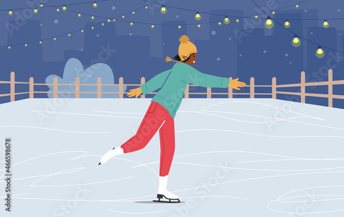 Christmas Vacation Spare Time on Ice Rink. Happy African Girl in Warm Clothes Skating Outdoors on Frozen Pond or Park