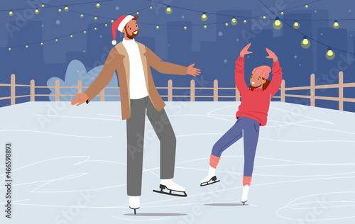 Happy Family of Father and Little Daughter Skating on Open Air Rink in Winter. Dad with Girl Spend Time Together in Park
