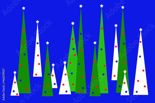 Stylized Christmas green and white fir trees with white stars and colorful balls on a blue background