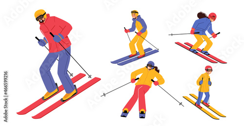 Set Skiers, People Skiing Isolated on White Background. Winter Season Recreation, Sport Activity, Slalom Sport Ski Race